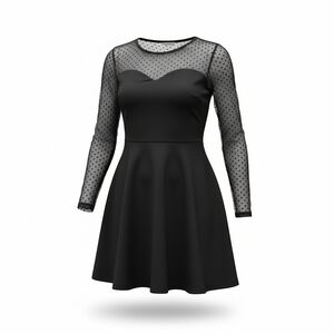 Boohoo Black Mesh Long Sleeve Skater Dress  Sweetheart Neckline Romantic Goth